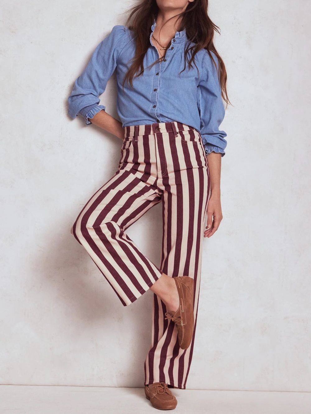 NEW with tags, BODEN High Rise Straight Leg Jeans - Maroon and Ivory Stripe